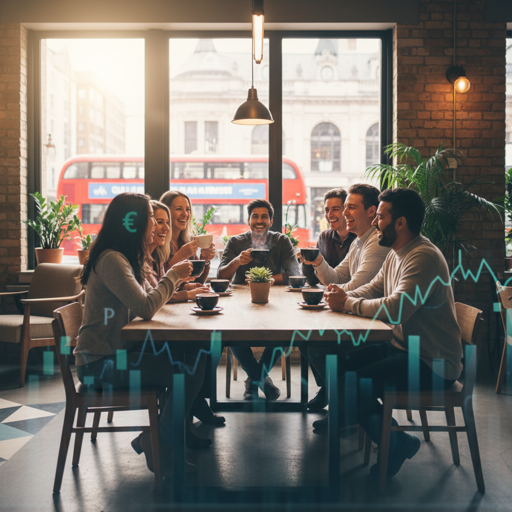 A diverse group of smiling expats enjoying a coffee together in a modern, light-filled cafe in London, with a subtle overlay of financial charts or symbols, photorealistic, cinematic lighting