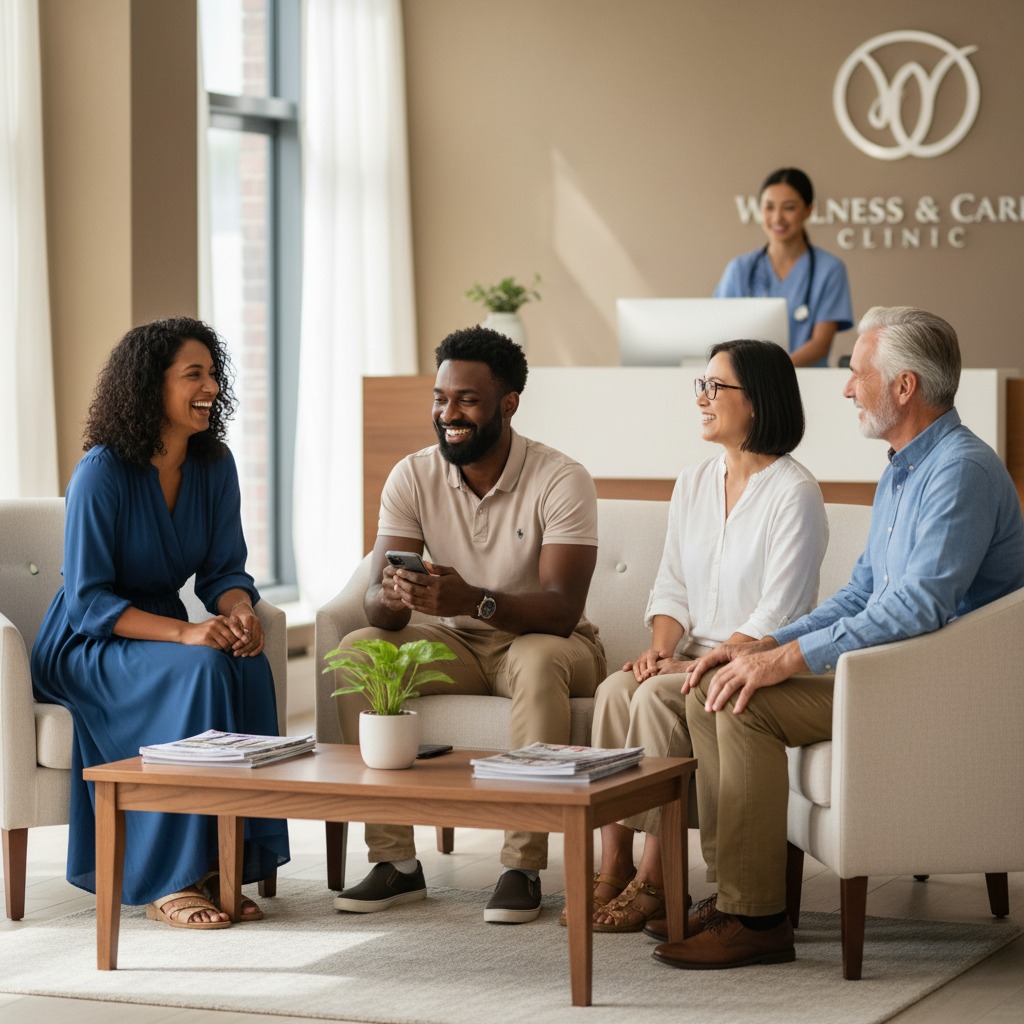 A diverse group of smiling expats in a modern, brightly lit private clinic waiting area, looking relaxed and healthy, with a doctor or nurse in the background. Photorealistic, soft lighting.