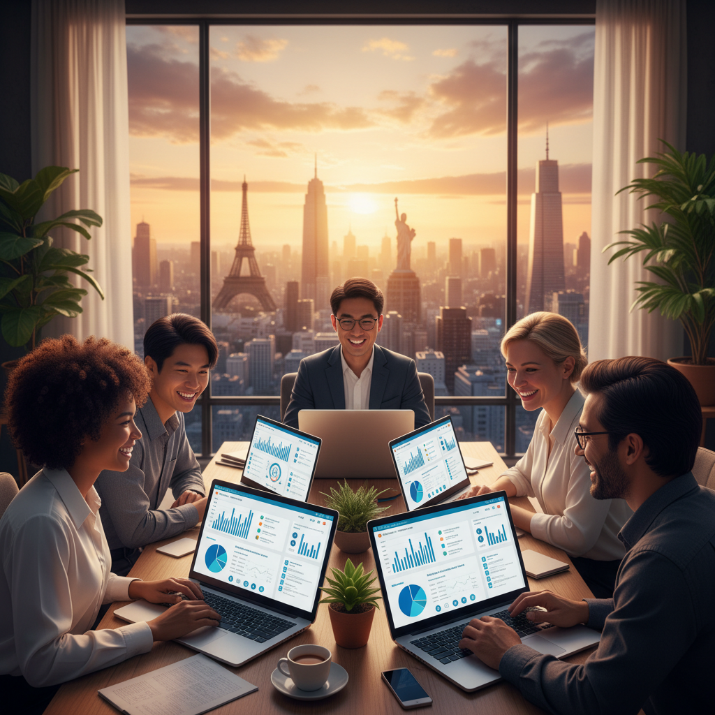 A diverse group of remote professionals, smiling and collaborating on a video call, with CRM dashboard elements visible on their laptop screens, set against a background of global city skylines. Photorealistic, vibrant colors.