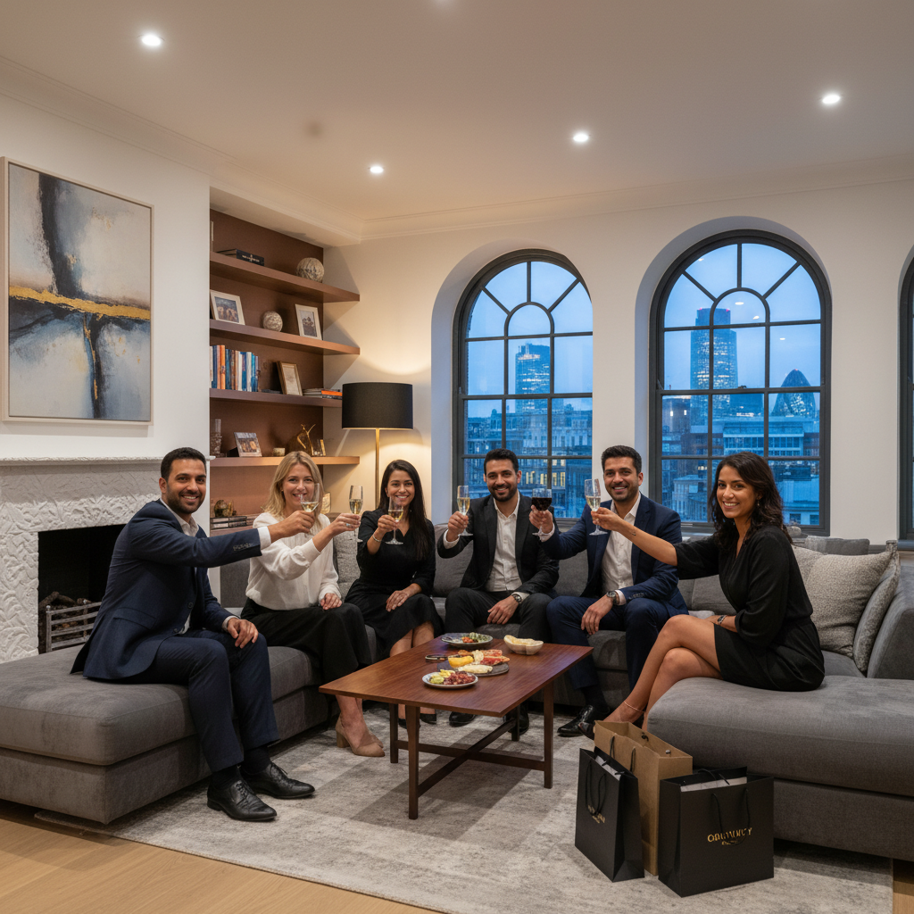 A diverse group of expats, dressed in smart casual attire, smiling and clinking glasses in a modern, stylish UK property living room, looking happy and successful, photorealistic, cinematic lighting