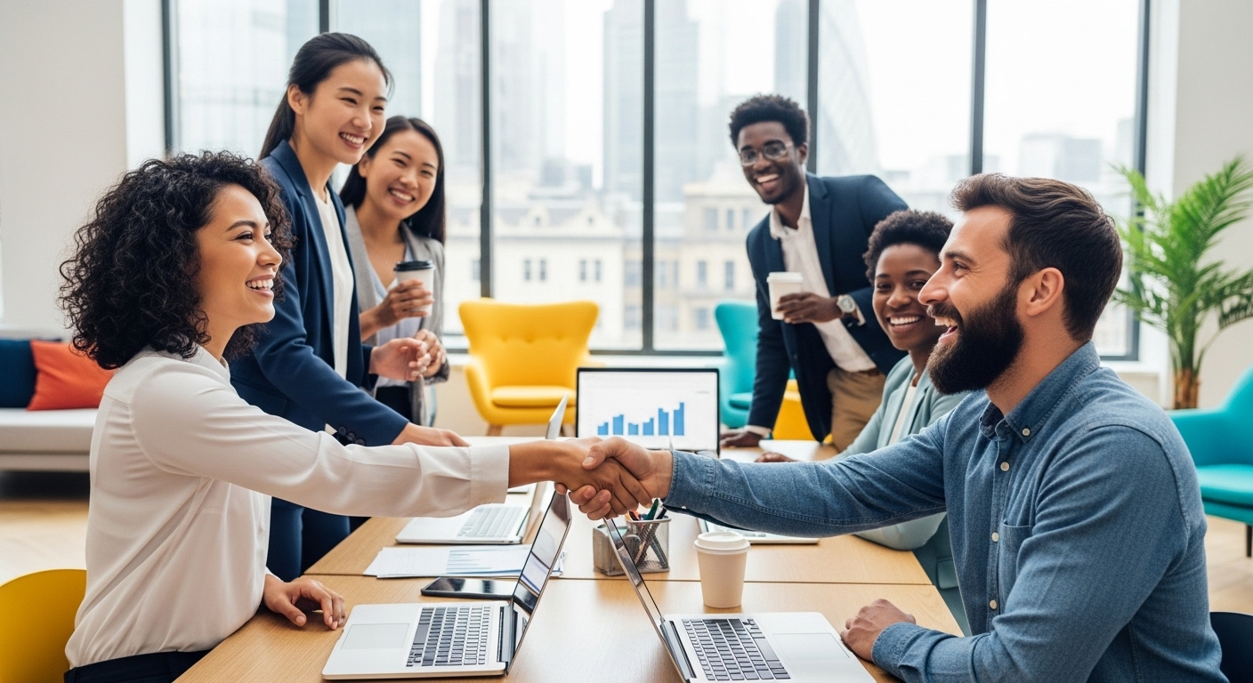 A diverse group of expat entrepreneurs shaking hands and smiling in a modern, brightly lit co-working space in London, celebrating a successful business launch. They are holding coffee cups, and laptops are open on desks. Photorealistic, vibrant colors, cinematic lighting.