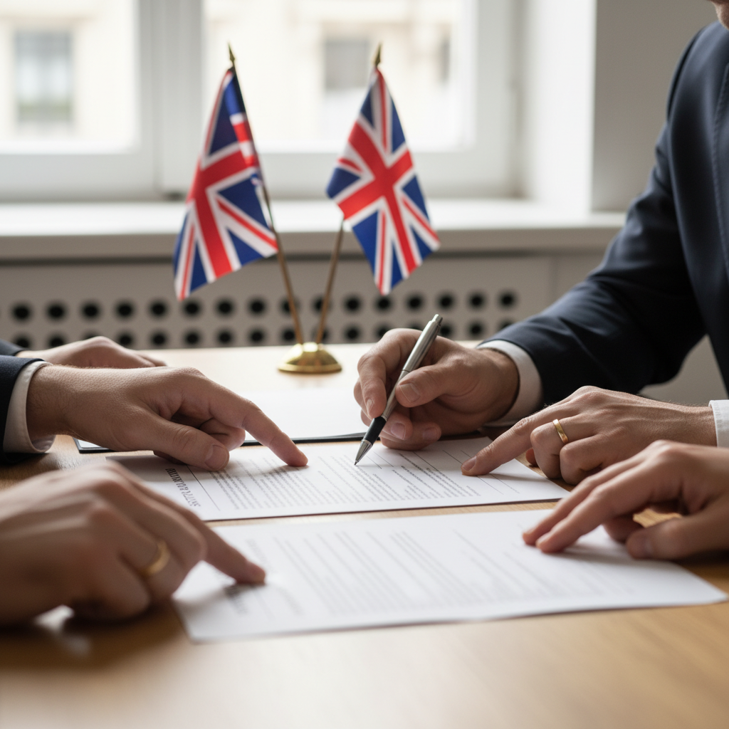 A close-up, photorealistic shot of a diverse group of hands, including an expat and an immigration lawyer, reviewing legal documents with UK flags subtly in the background, symbolizing successful immigration.