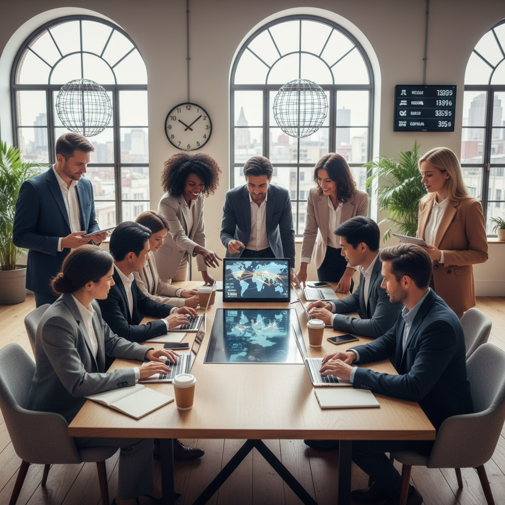 A diverse group of business professionals from various backgrounds, looking engaged and confident while working together in a modern, light-filled co-working space, some using laptops and discussing digital interfaces. The scene should convey collaboration and global connectivity. Photorealistic.