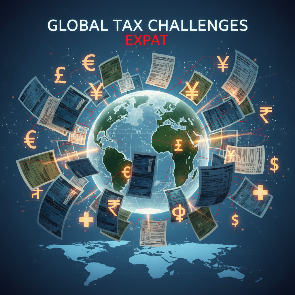 A digital illustration of complex tax forms and international currency symbols swirling around a globe, representing the challenges of expat taxation, vibrant and detailed, photorealistic.