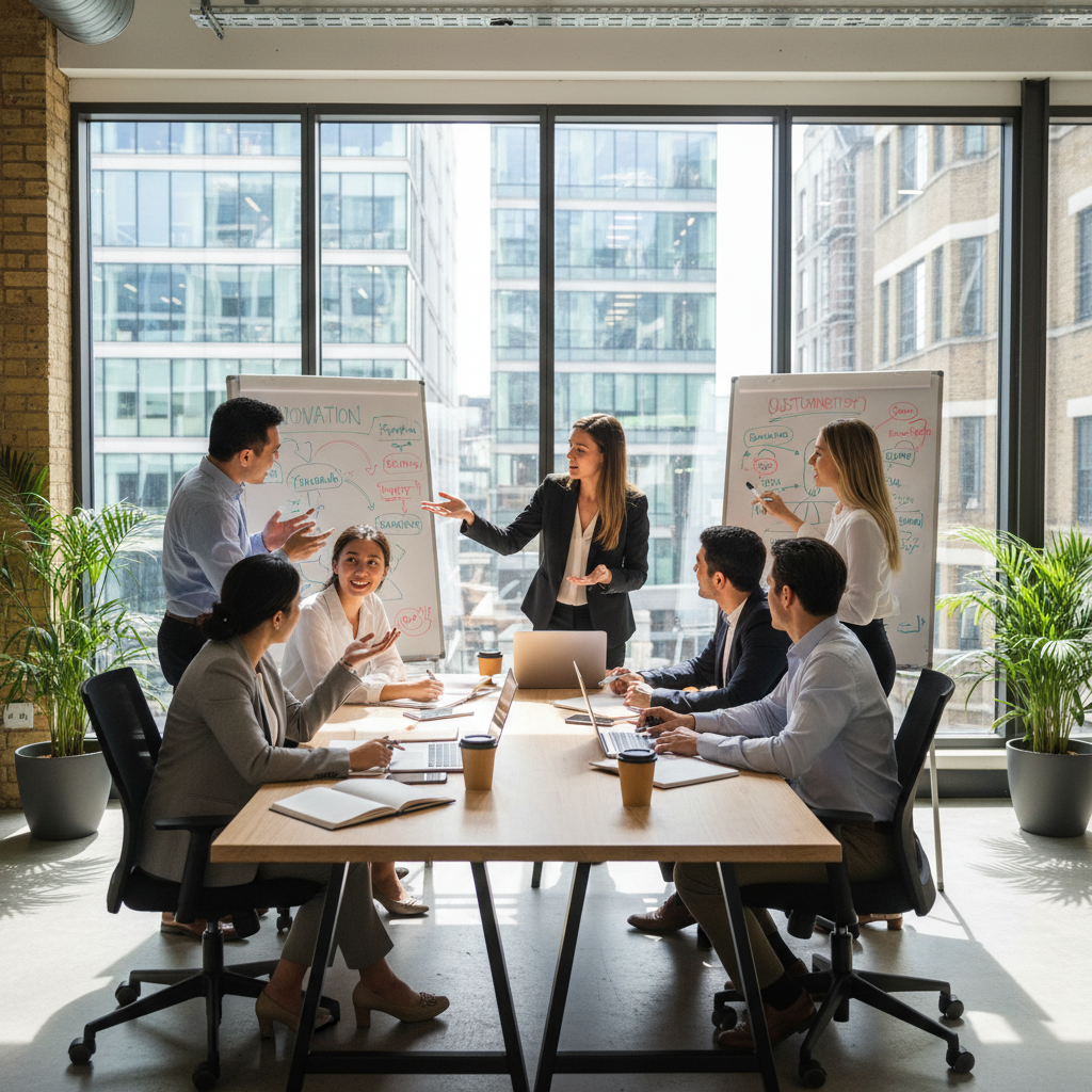 A vibrant, photorealistic image of a diverse group of young professional expats collaborating enthusiastically around a large table in a modern, sunlit co-working space in London, brainstorming ideas with laptops and whiteboards, looking energetic and innovative.