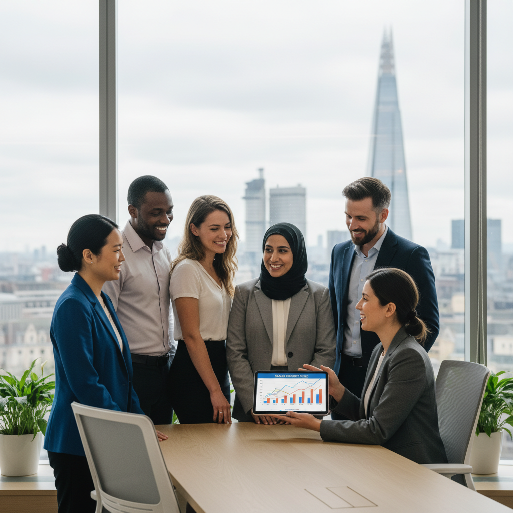 A diverse group of people from different countries, smiling and interacting positively with a professional, friendly financial advisor in a modern, bright office setting. The advisor is pointing to a digital tablet displaying financial graphs, with the London skyline subtly visible in the background. Photorealistic, diverse, professional.