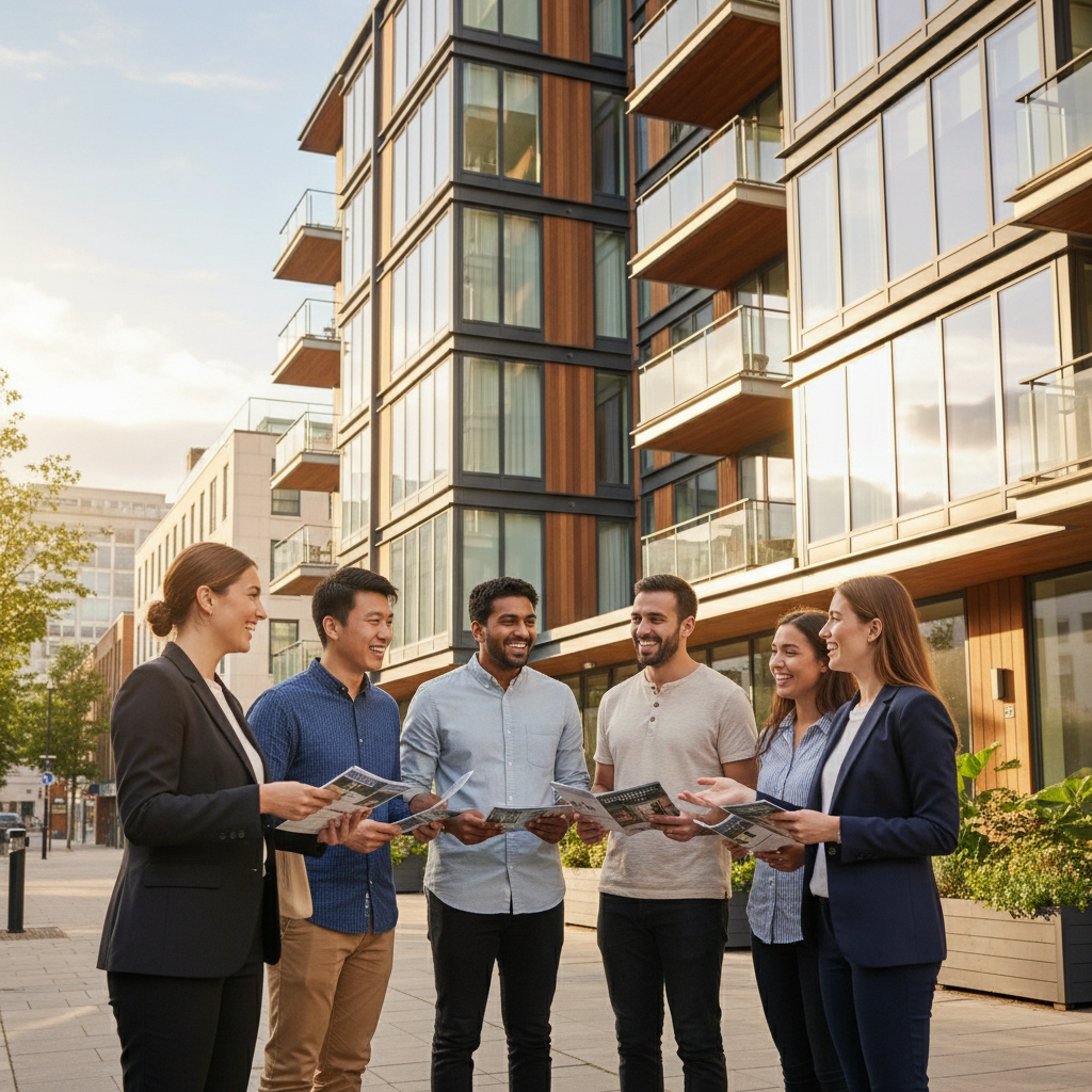A diverse group of smiling expats from different backgrounds, casually dressed, standing in front of a modern, stylish UK apartment building, holding property brochures and discussing investment opportunities with a friendly real estate agent. The scene is bright and optimistic, photorealistic.