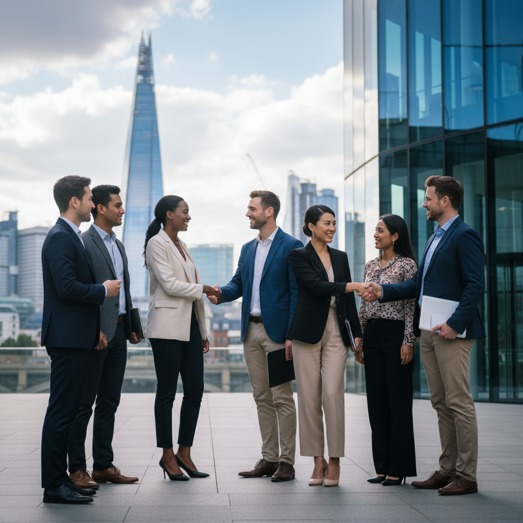 A diverse group of international business people in smart casual wear, shaking hands in front of a sleek, modern office building in London with a blurred city skyline in the background, a sense of global connection and success, photorealistic
