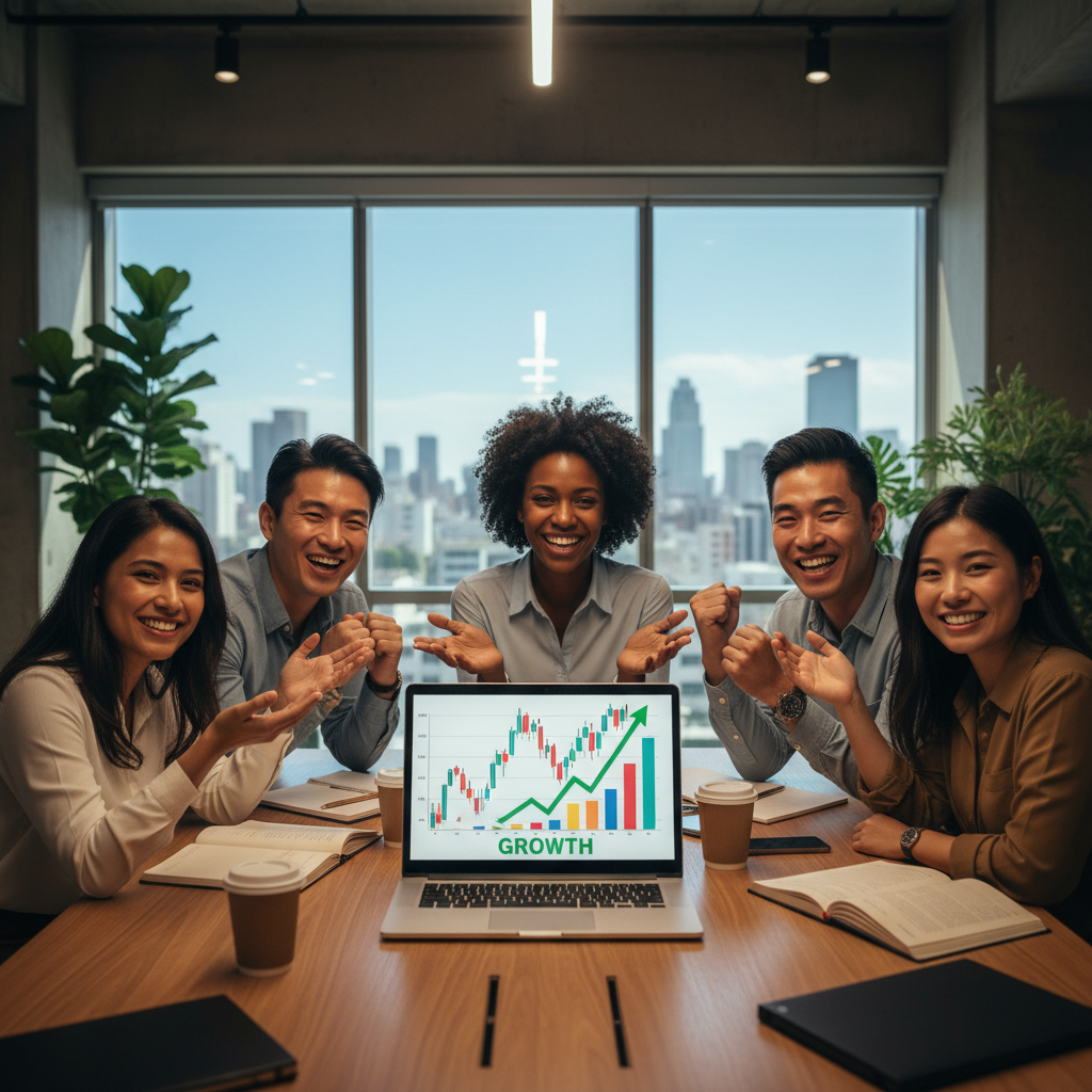 A diverse group of expats from different countries, smiling and looking confidently at a laptop screen displaying investment charts, in a modern, bright office setting. Focus on a sense of community and financial growth, photorealistic style.
