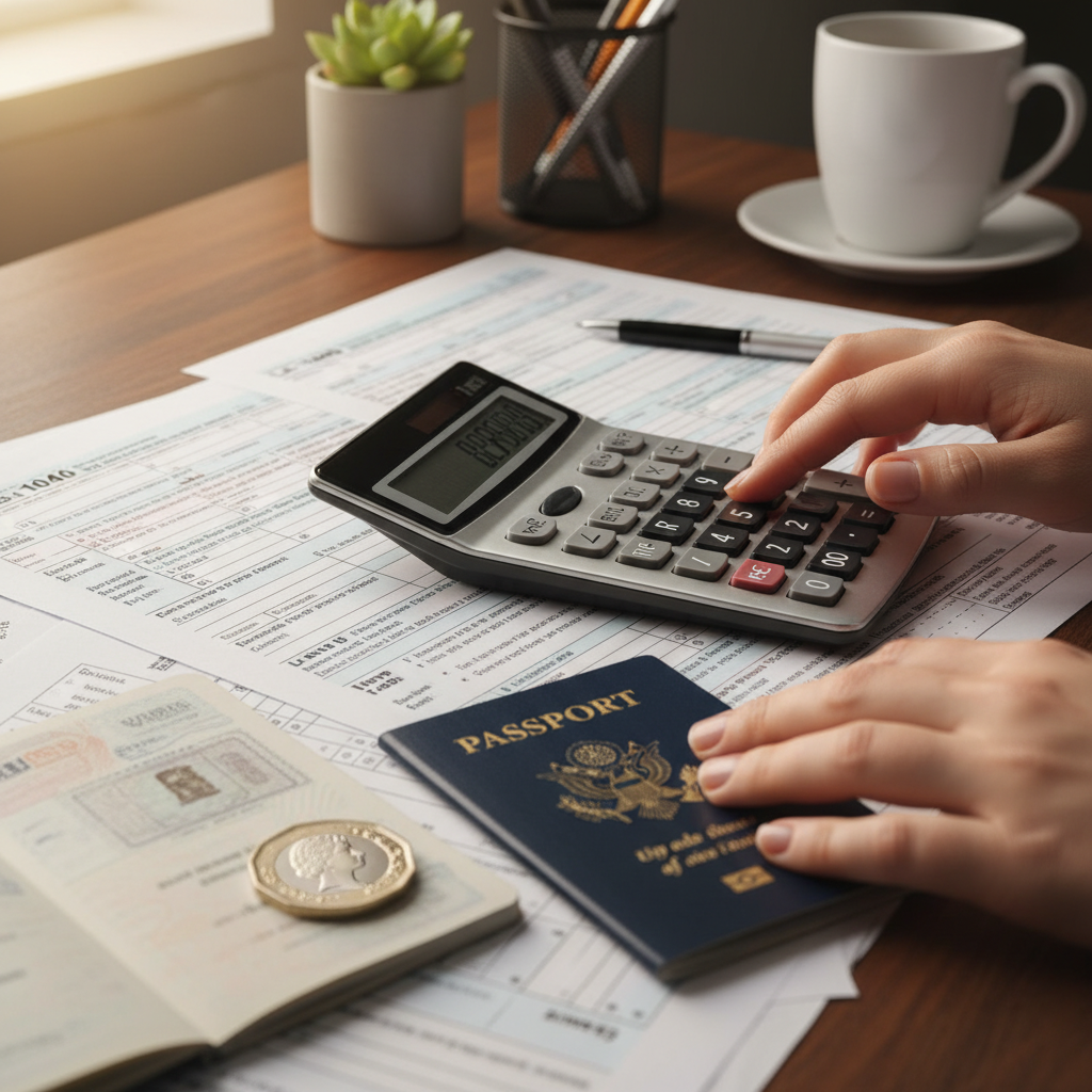A close-up shot of hands navigating complex tax forms and a calculator on a desk, with a US passport and a UK pound sterling coin visible, representing the intersection of two tax systems, professional and organized.