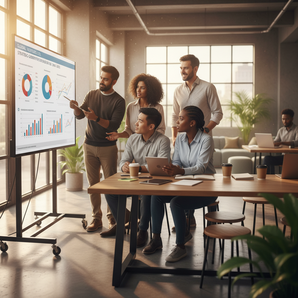 A diverse group of expat entrepreneurs in a modern, light-filled co-working space, collaboratively reviewing a business plan on a large screen, looking determined and optimistic. Photorealistic, warm lighting.